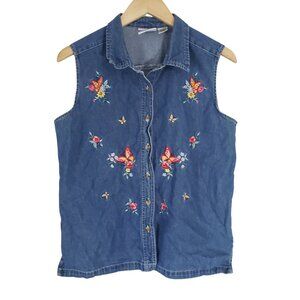 Vintage‎ 90s Cool Blues Denim Button-Up Sleeveless Shirt Size L Butterflies